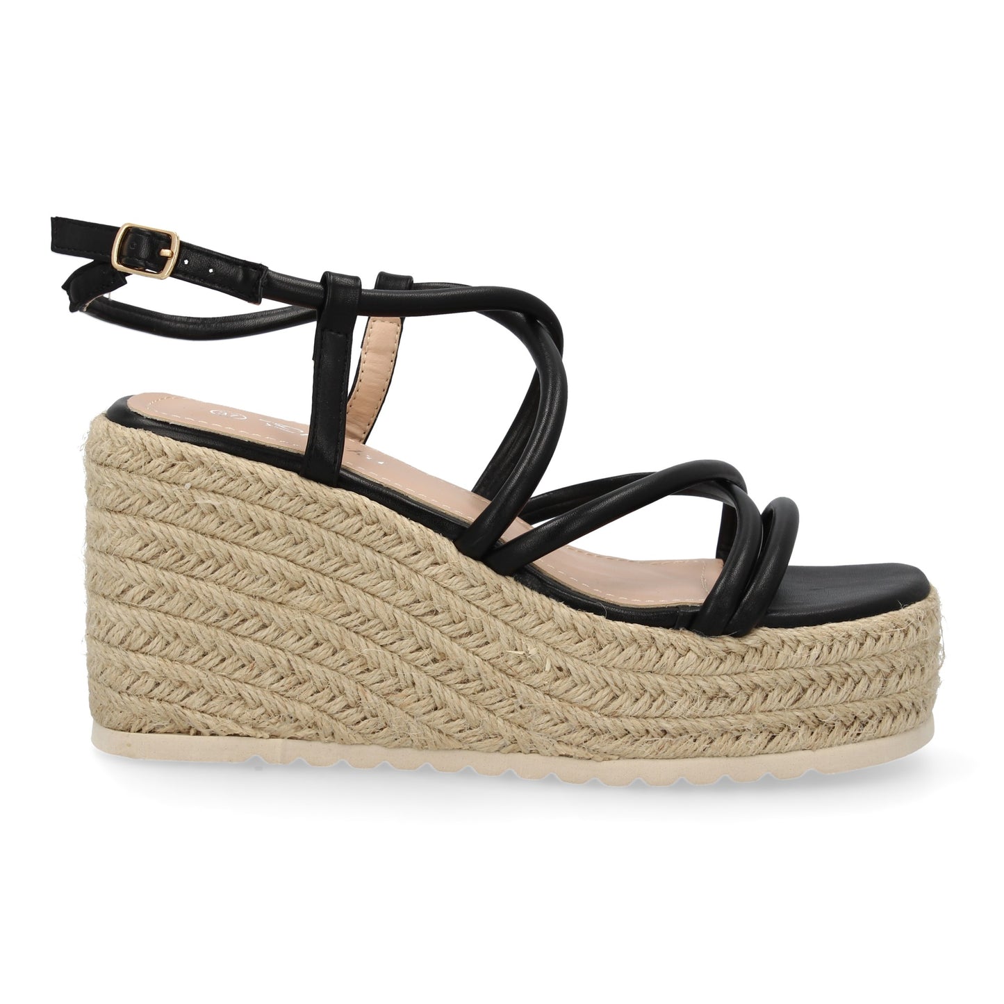 Sandalias de cuña de yute negras con tiras cruzadas