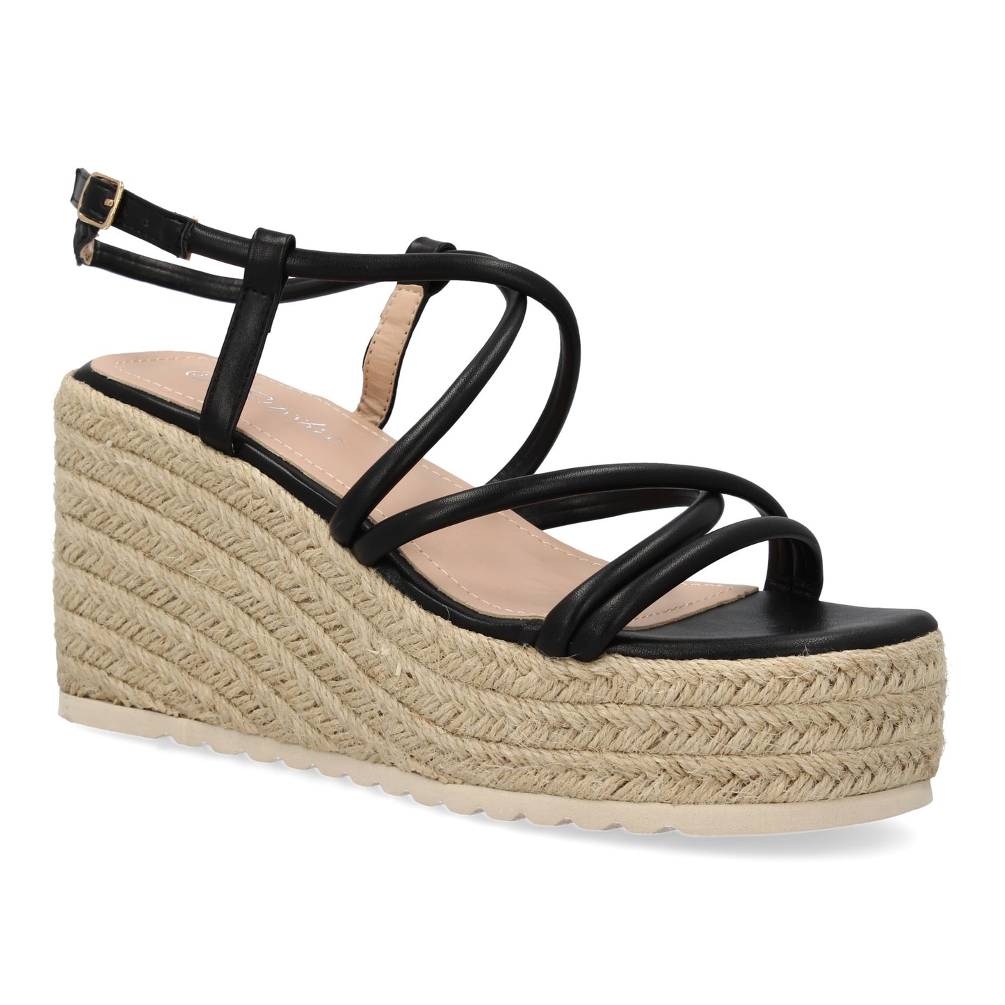 Sandalias de cuña de yute negras con tiras cruzadas