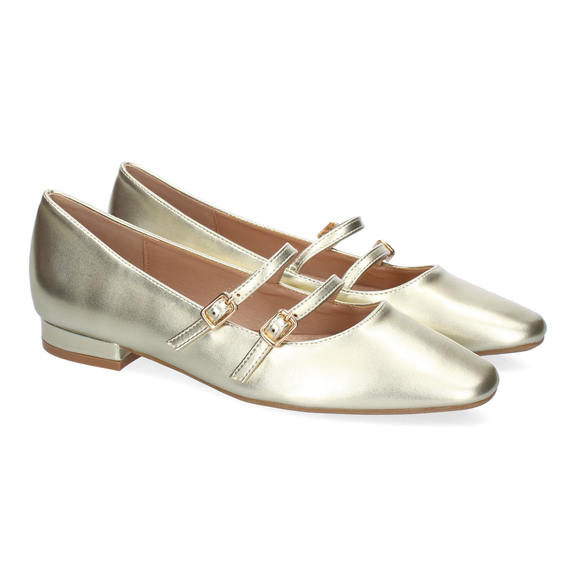 Bailarinas o francesitas de mujer en color dorado (oro), con doble tira y doble hebilla como cierre, y punta fina.