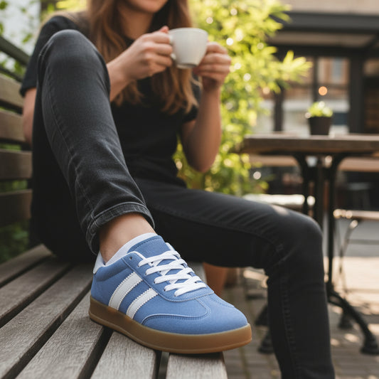 Zapatilla sneaker urbana de mujer plana en color azul marino con cordones blancos.