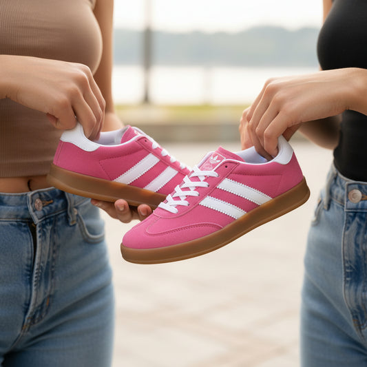 Zapatilla sneaker urbana de mujer plana en color fucsia, con cordones y suela blanca.