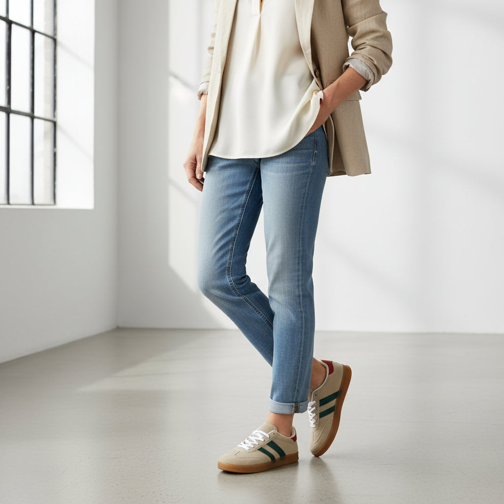 Zapatilla sneaker de mujer plana, de malla en color verde militar (kaki) con cordones.