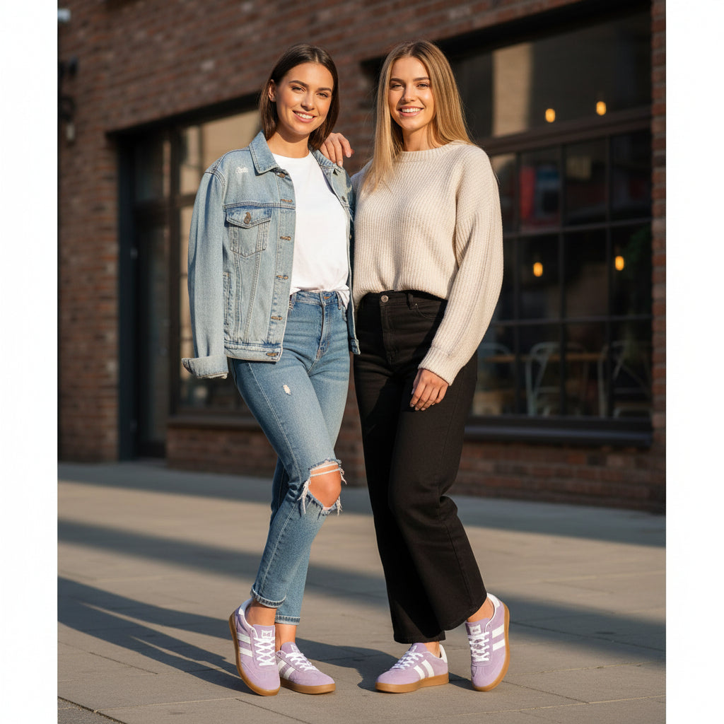 Zapatilla sneaker de mujer plana y ligera, de malla transpirable en color lila pastel.