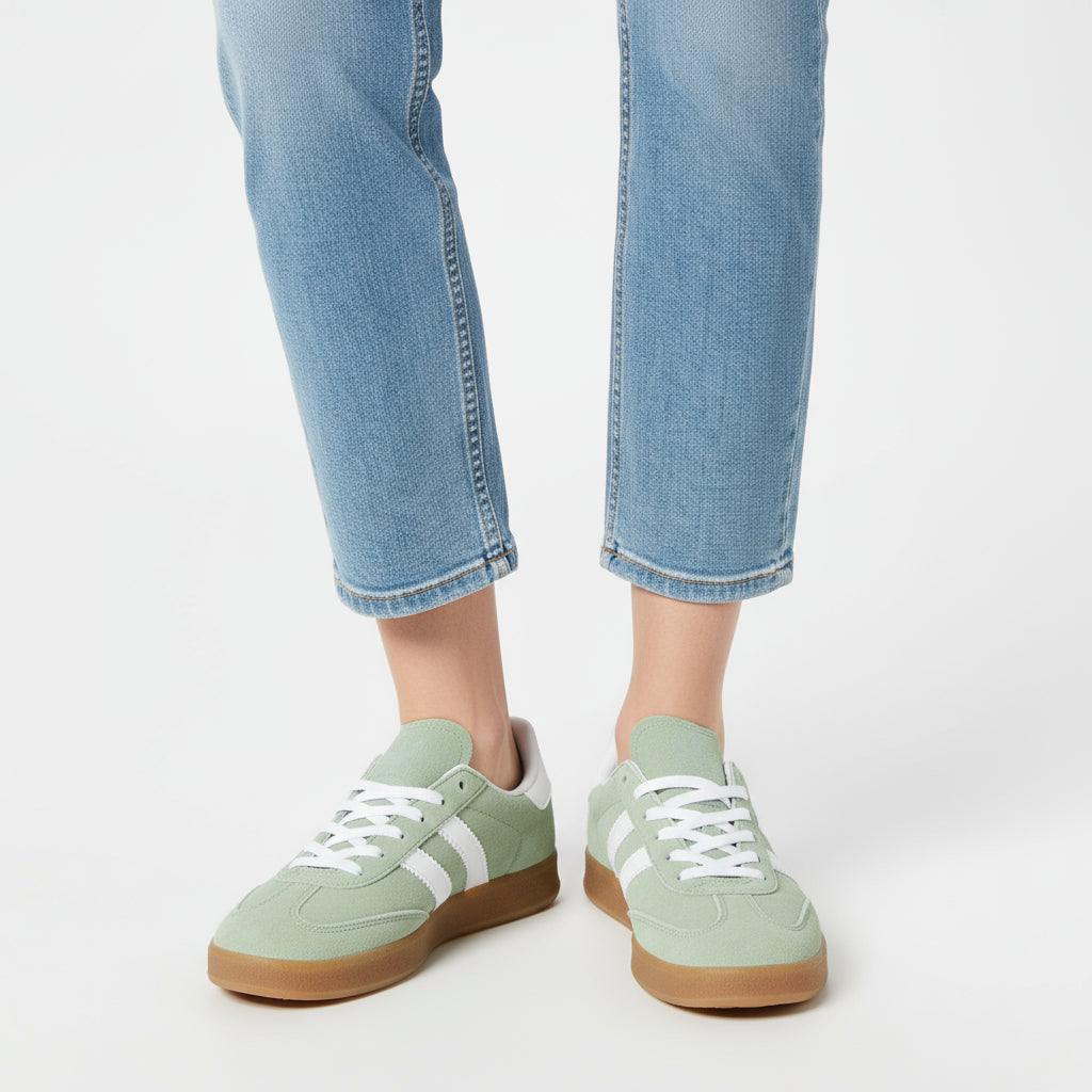 Zapatilla sneaker de mujer plana, de malla transpirable en color verde militar (kaki).