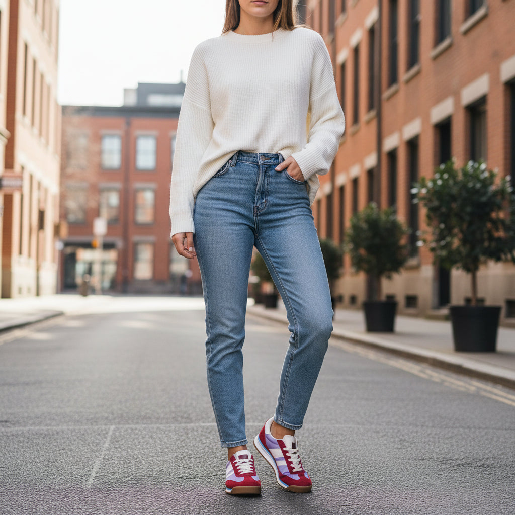 Zapatilla sneaker clásica de mujer plana en color burdeos con cordones y plataforma.