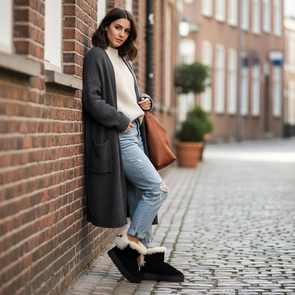 Botín básico casual de mujer en color negro liso, con tacón de bloque bajo y suela antideslizante.
