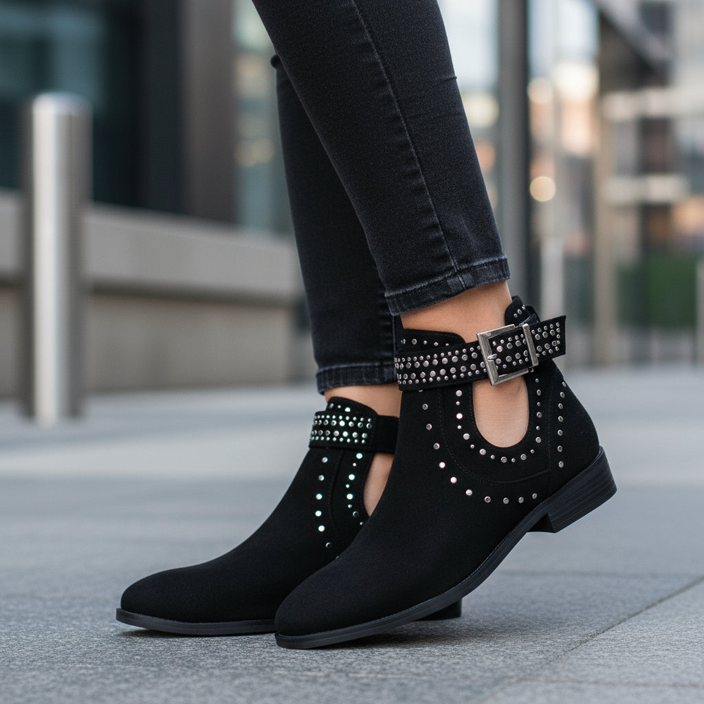 Botín estilo montaña/senderismo para mujer en color negro con cordones y suela track dentada.