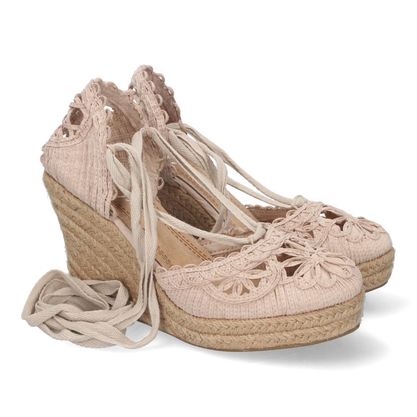 Sandalia de Cuña con Yute Estilo Valenciana Pala con Tiras Cosidas en Forma de Pétalos de Flor y Cierre de Cordones en el Tobillo Primavera Verano color Kaki