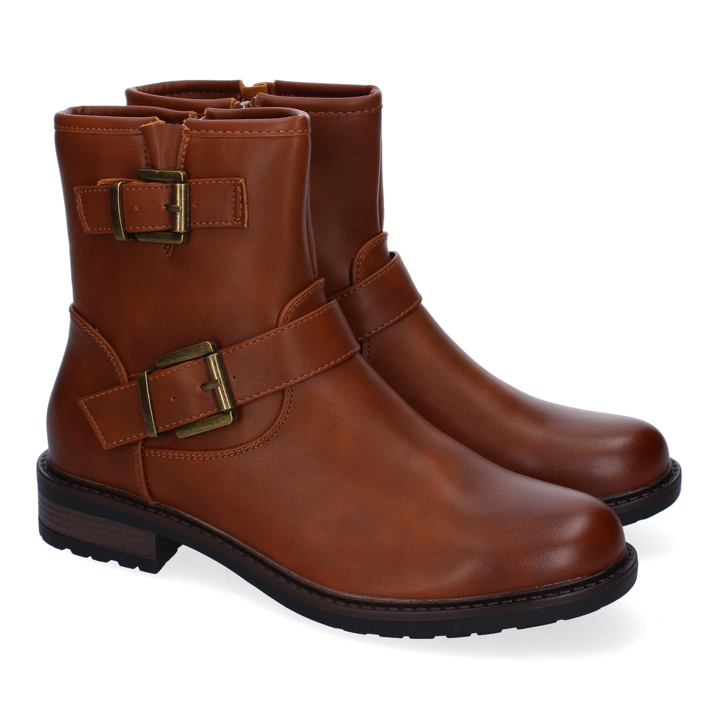 Botines Moteros para Mujer - Elegantes y Confortables con Doble Hebilla, Punta Redondeada y Cierre Lateral en Color Caramelo