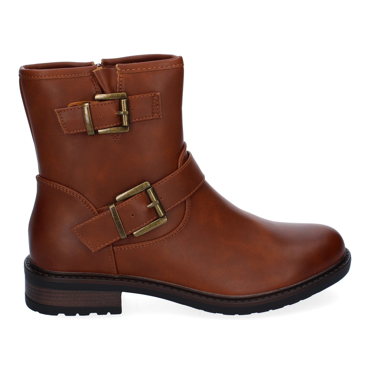 Botines Moteros para Mujer - Elegantes y Confortables con Doble Hebilla, Punta Redondeada y Cierre Lateral en Color Caramelo