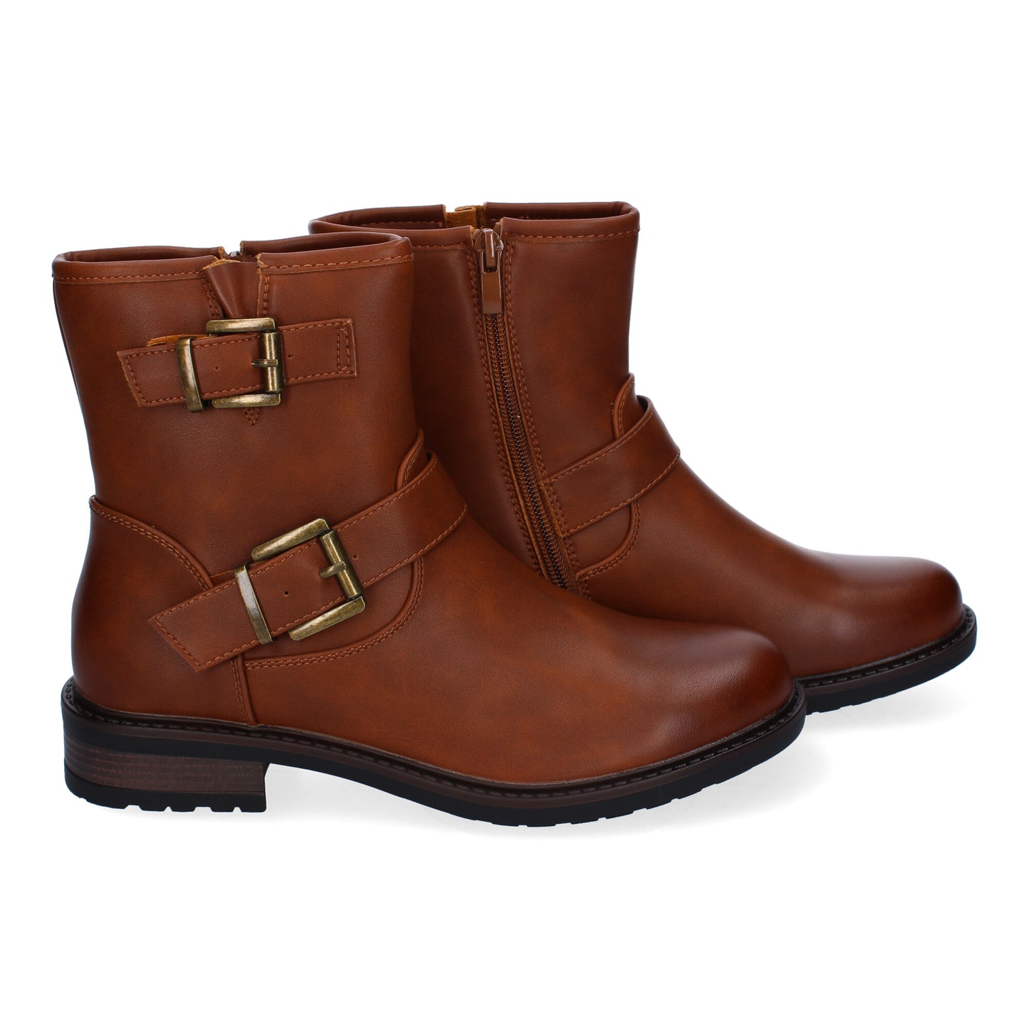 Botines Moteros para Mujer - Elegantes y Confortables con Doble Hebilla, Punta Redondeada y Cierre Lateral en Color Caramelo