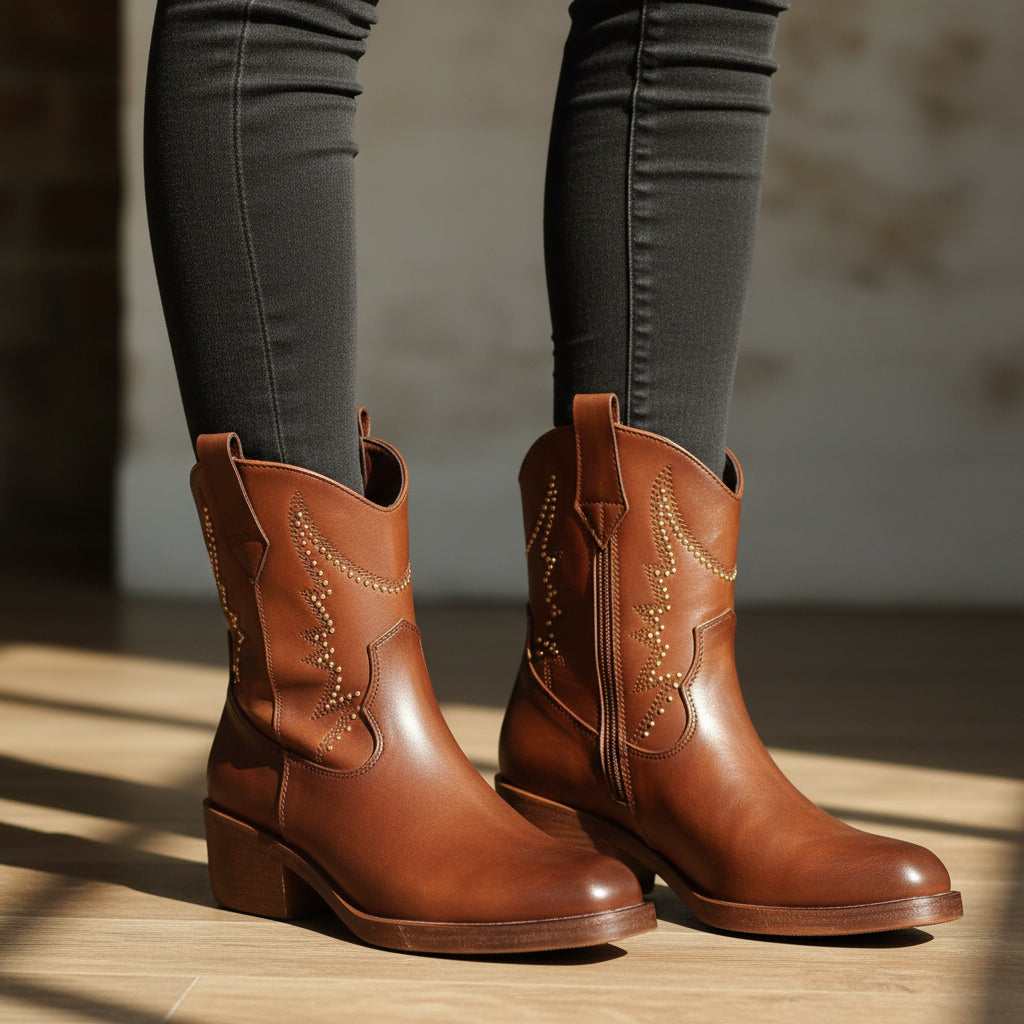 Botín de mujer en color marrón oscuro de ante sintético, con tacón cuadrado y cremallera.