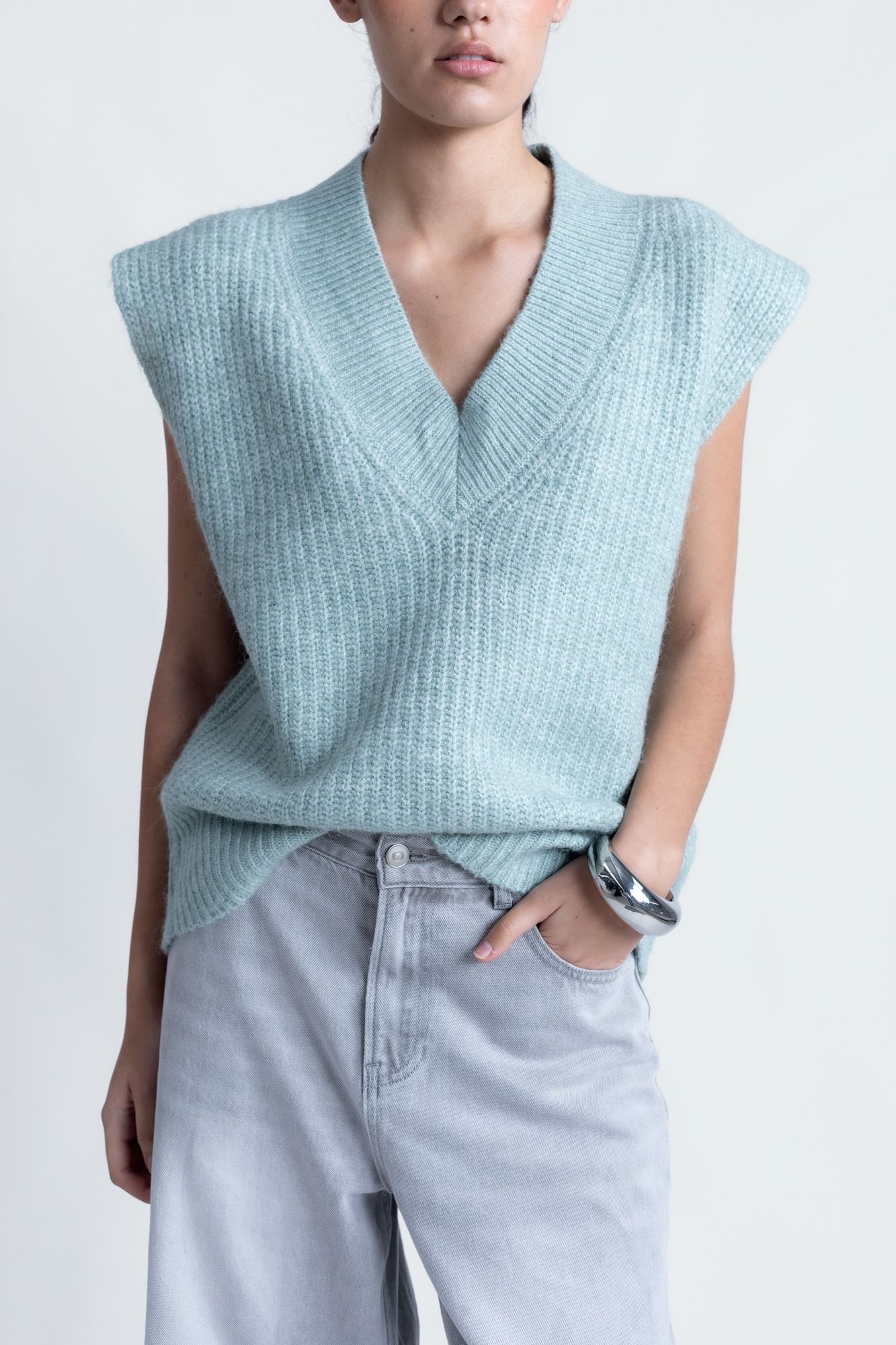 Chaleco punto oversize verde mujer lana alpaca