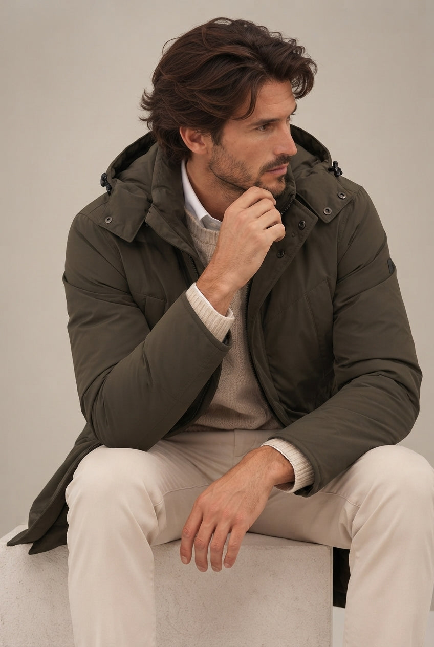 Parka Verde con Capucha Desmontable para Hombre