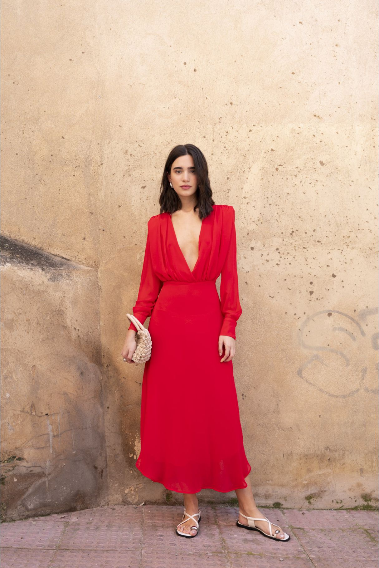 Vestido midi gasa color rojo, vestidos largos rojos para mujer, vestido de ceremonia rojo para mujer de Emerola  & Co