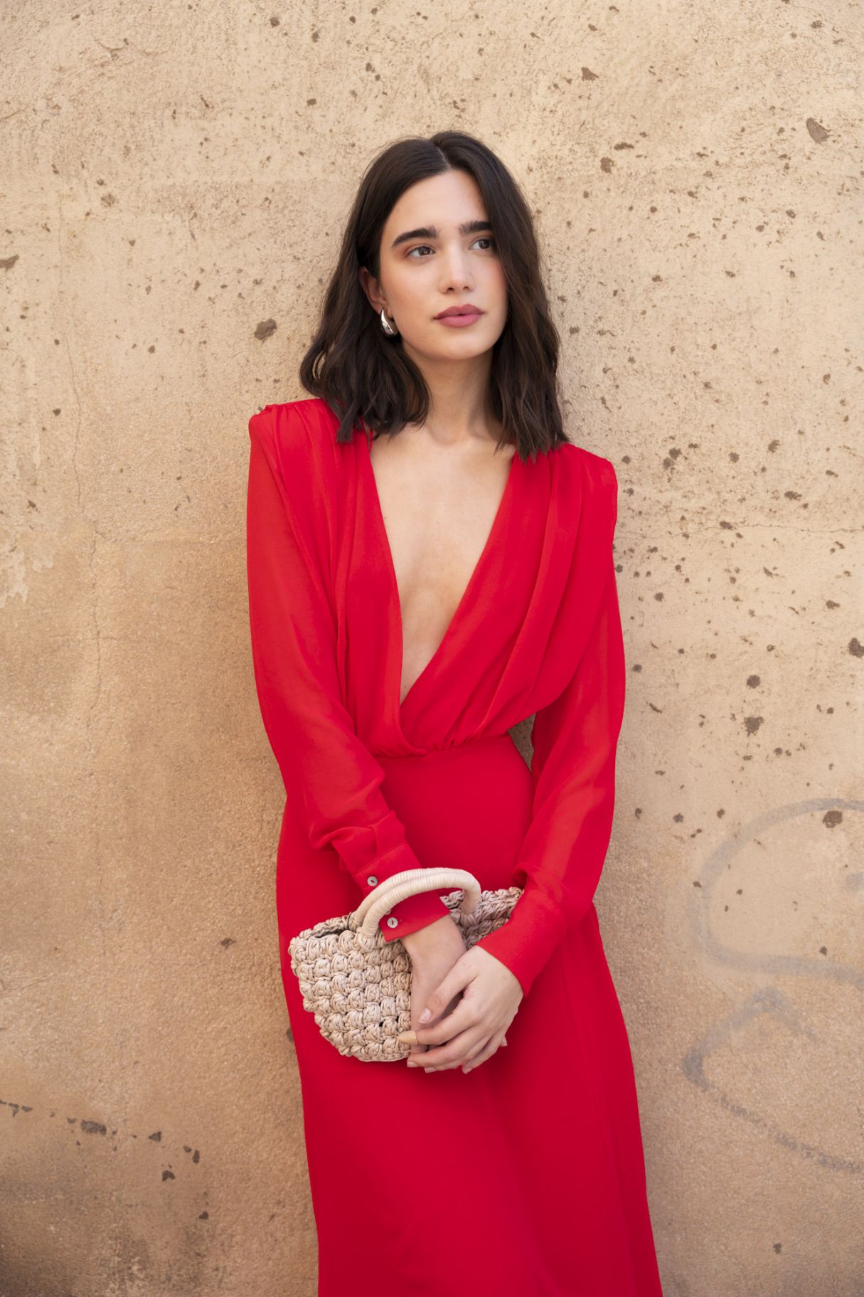 Vestido midi gasa color rojo, vestidos largos rojos para mujer, vestido de ceremonia rojo para mujer de Emerola  & Co