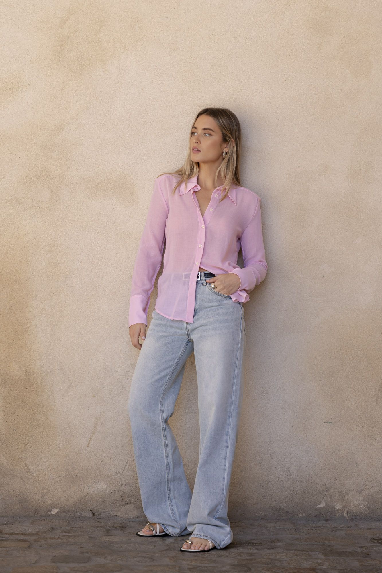 Camisa fluida rosa suave tejido ligero mujer