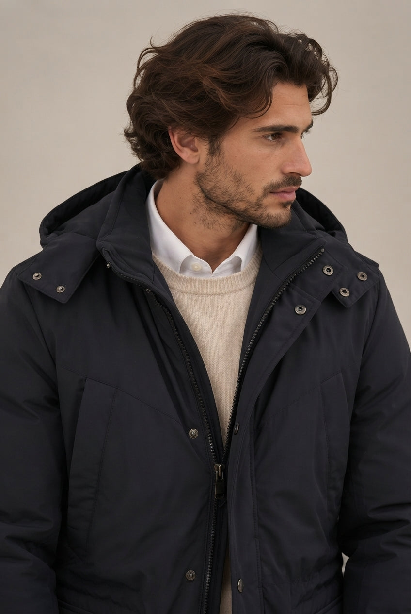 Parka Azul con Capucha y Cintura Ajustable para Hombre