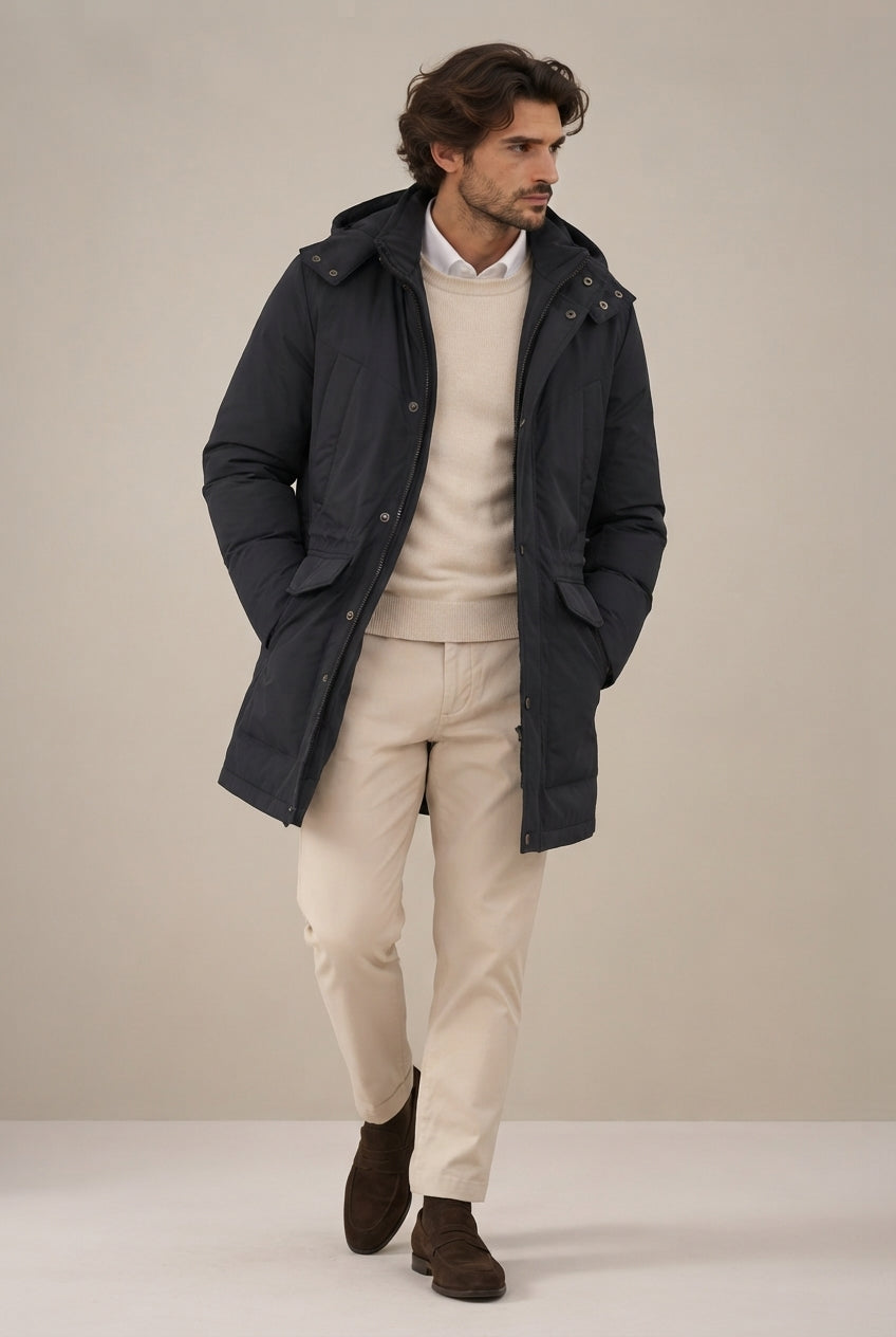 Parka Azul con Capucha y Cintura Ajustable para Hombre