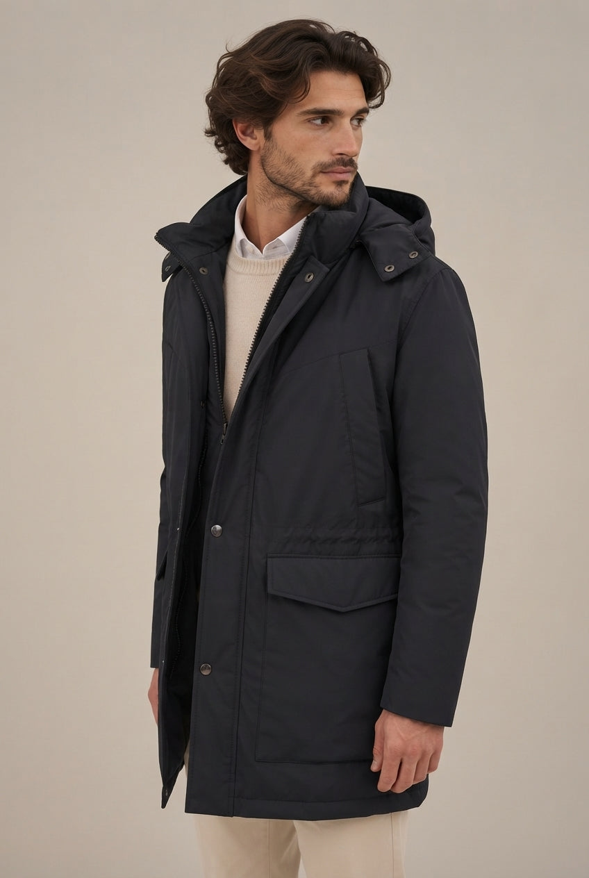 Parka Azul con Capucha y Cintura Ajustable para Hombre