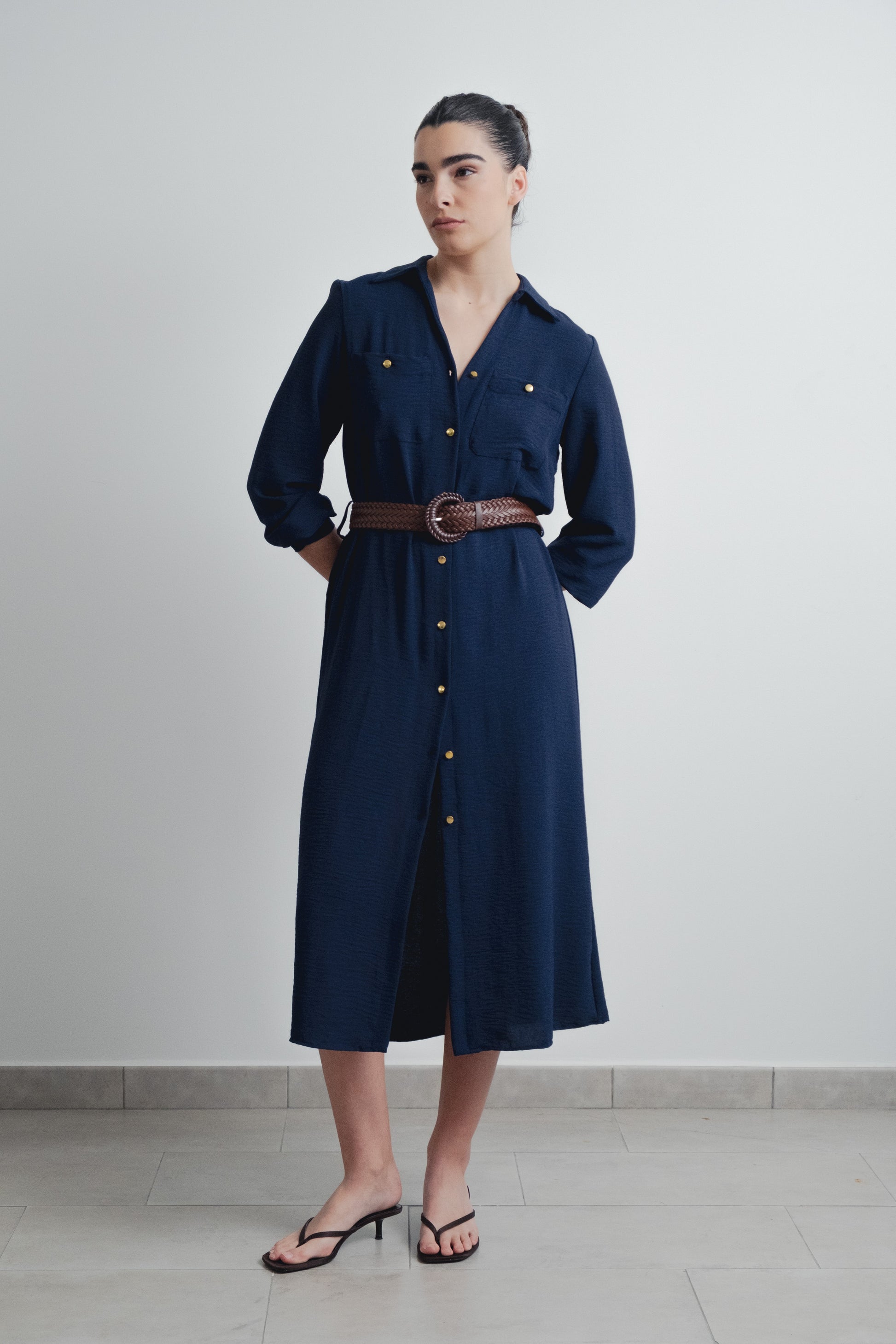 Vestido camisero azul marino manga larga casual