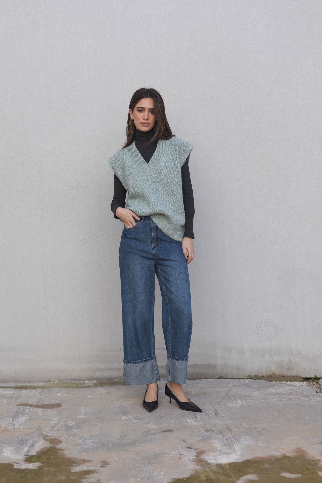 Chaleco punto oversize verde mujer lana alpaca