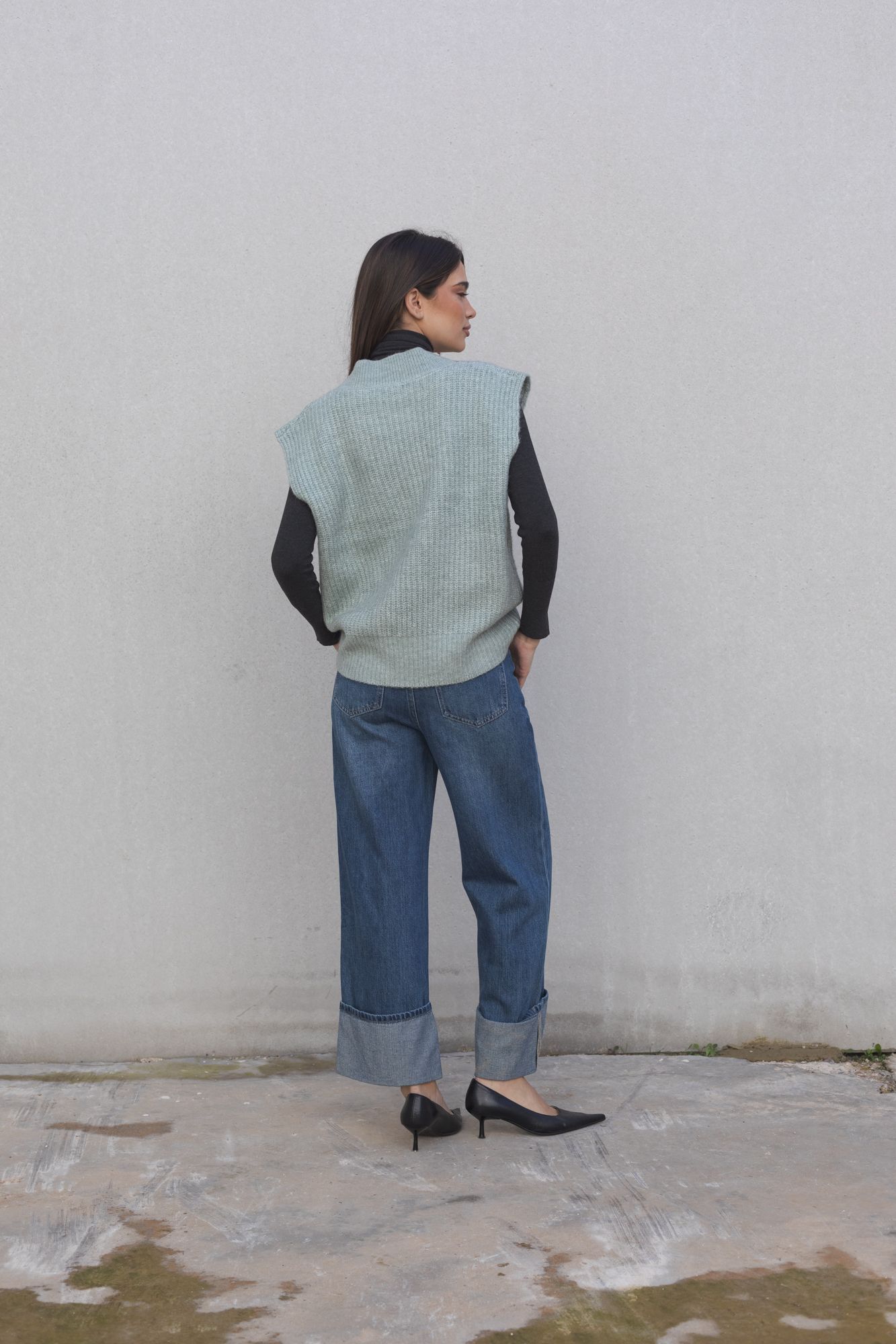 Chaleco punto oversize verde mujer lana alpaca