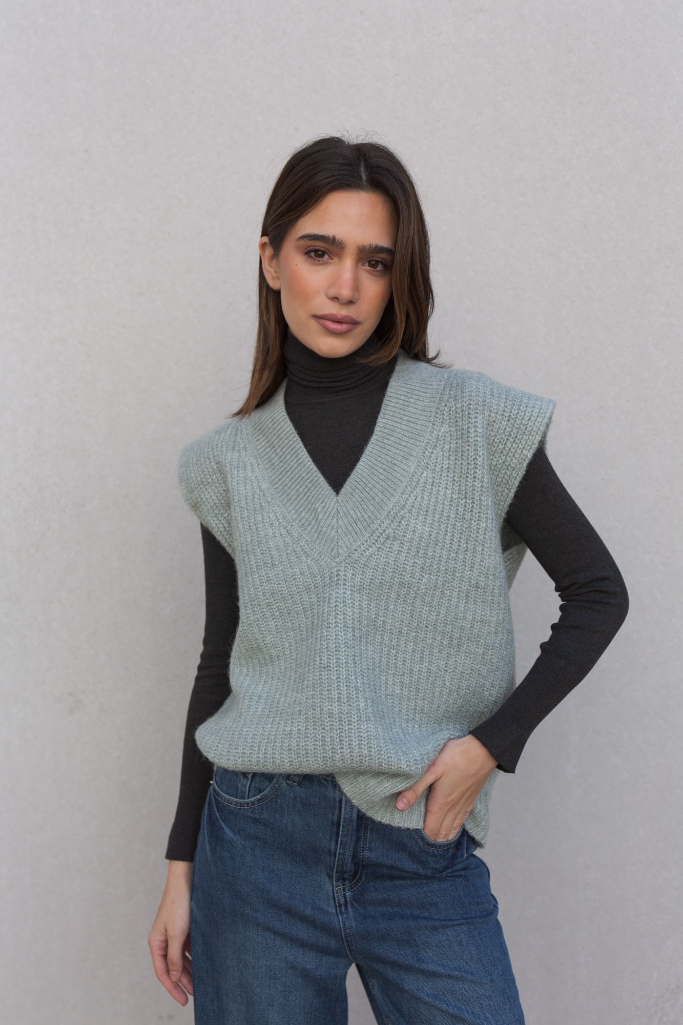 Chaleco punto oversize verde mujer lana alpaca