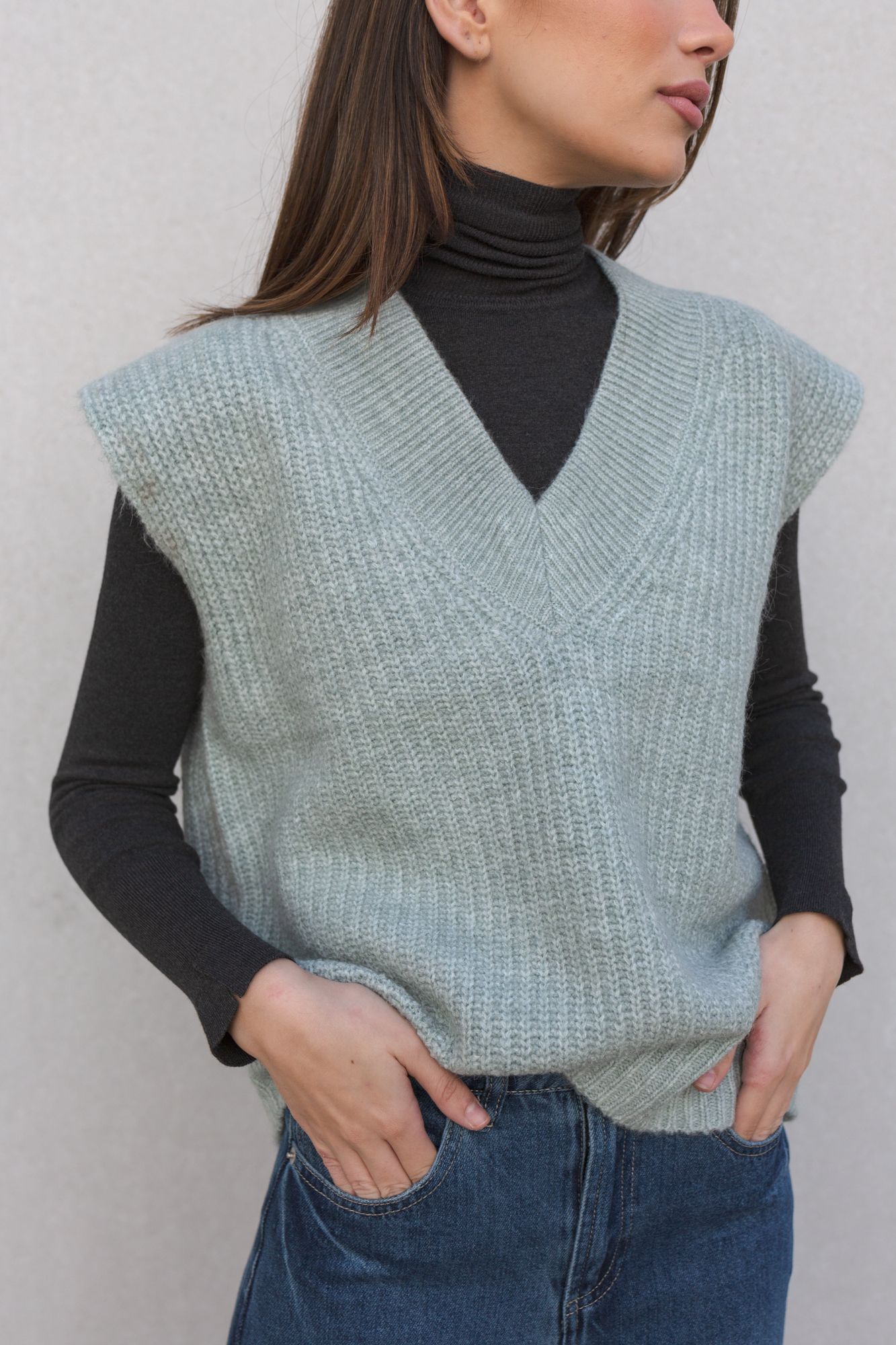 Chaleco punto oversize verde mujer lana alpaca