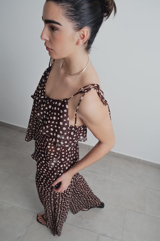 Top elegante de fiesta con volantes y estampado para mujer marrón, blusa sin mangas cuello fluido chic casual de verano