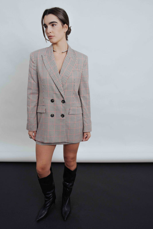 Blazer cruzada marrón botones estilo sastre mujer