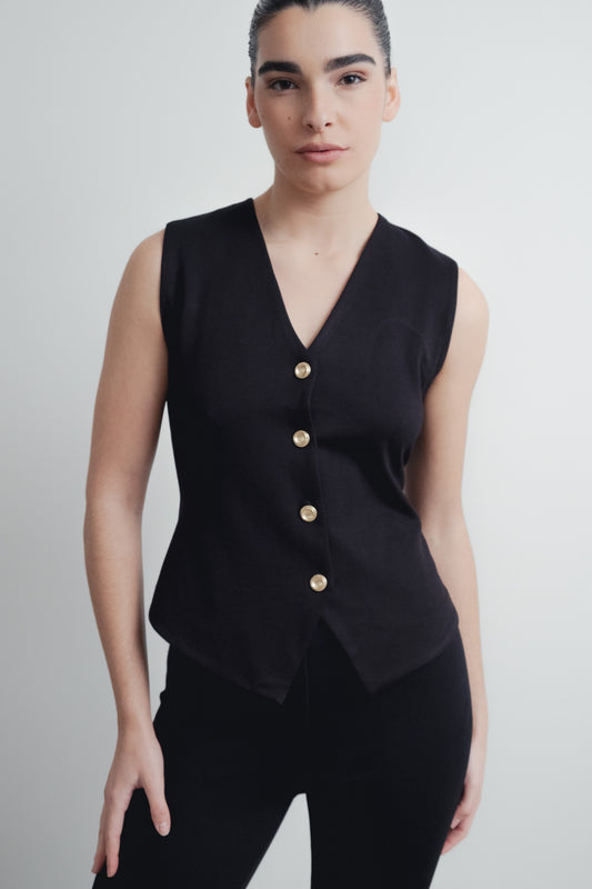Chaleco punto negro botones escote pico mujer