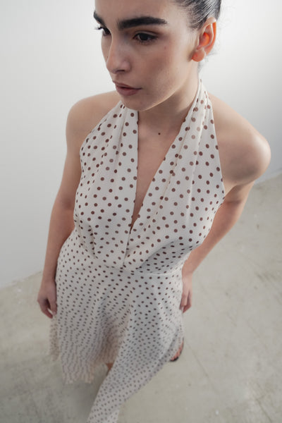 Vestido midi estampado crudo con cuello halter diseño español