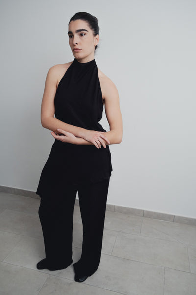 Pantalón fluido negro mujer pierna ancha