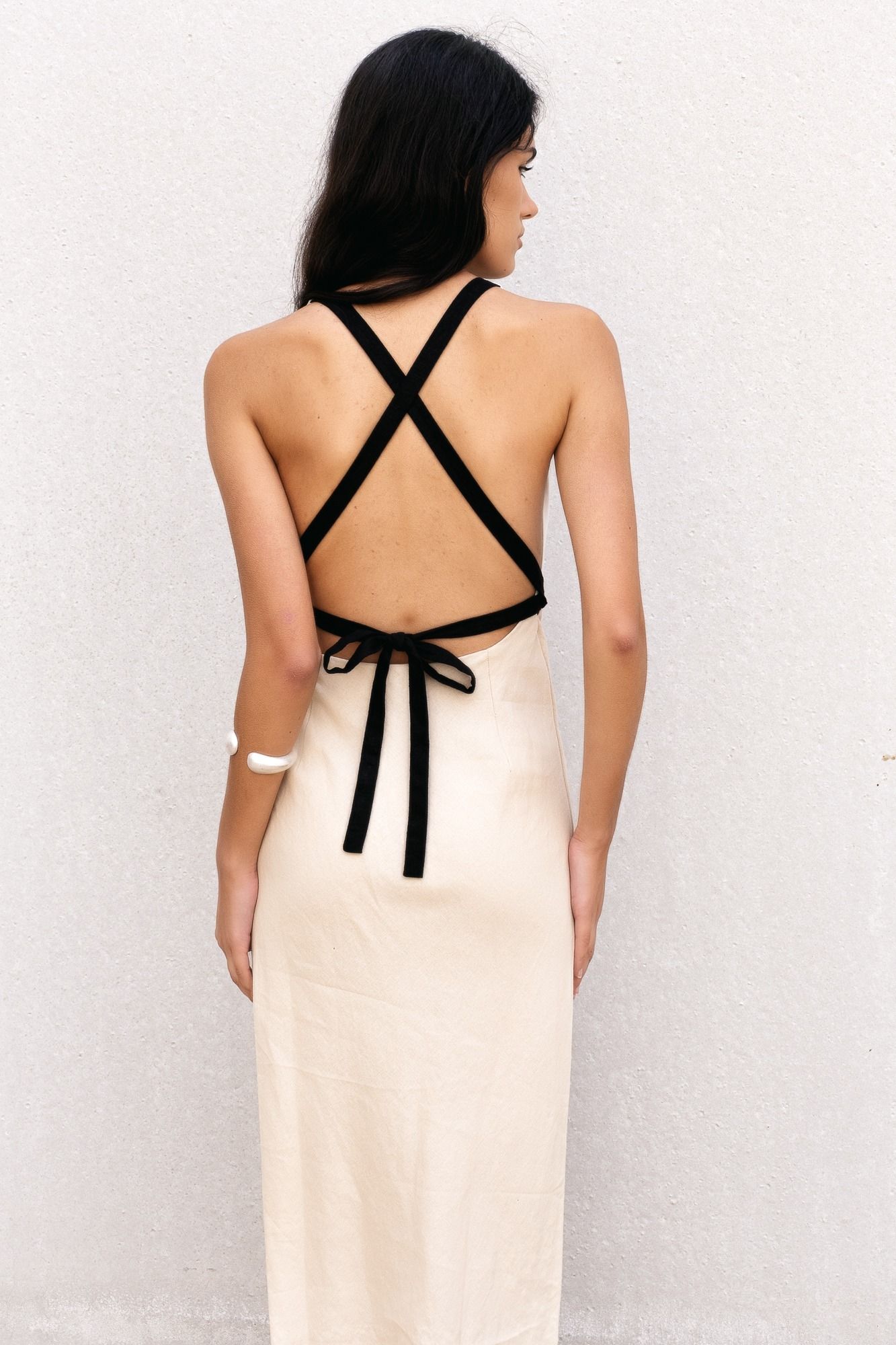 Vestido lino bicolor beige mujer diseño español