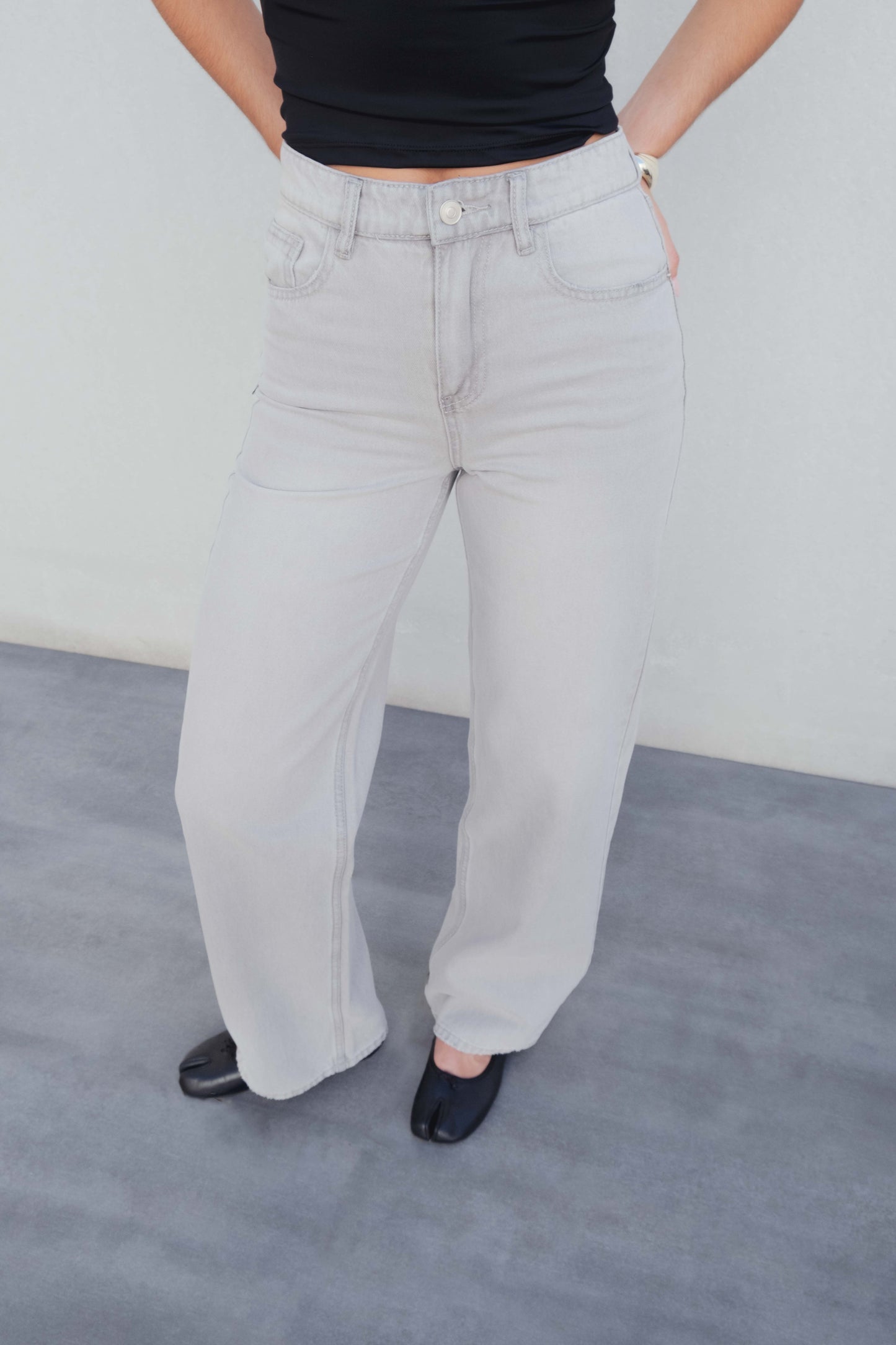 Vaqueros wide leg de tiro medio y largo completo para mujer gris, pantalones vaqueros de pierna ancha holgados denim casual chic