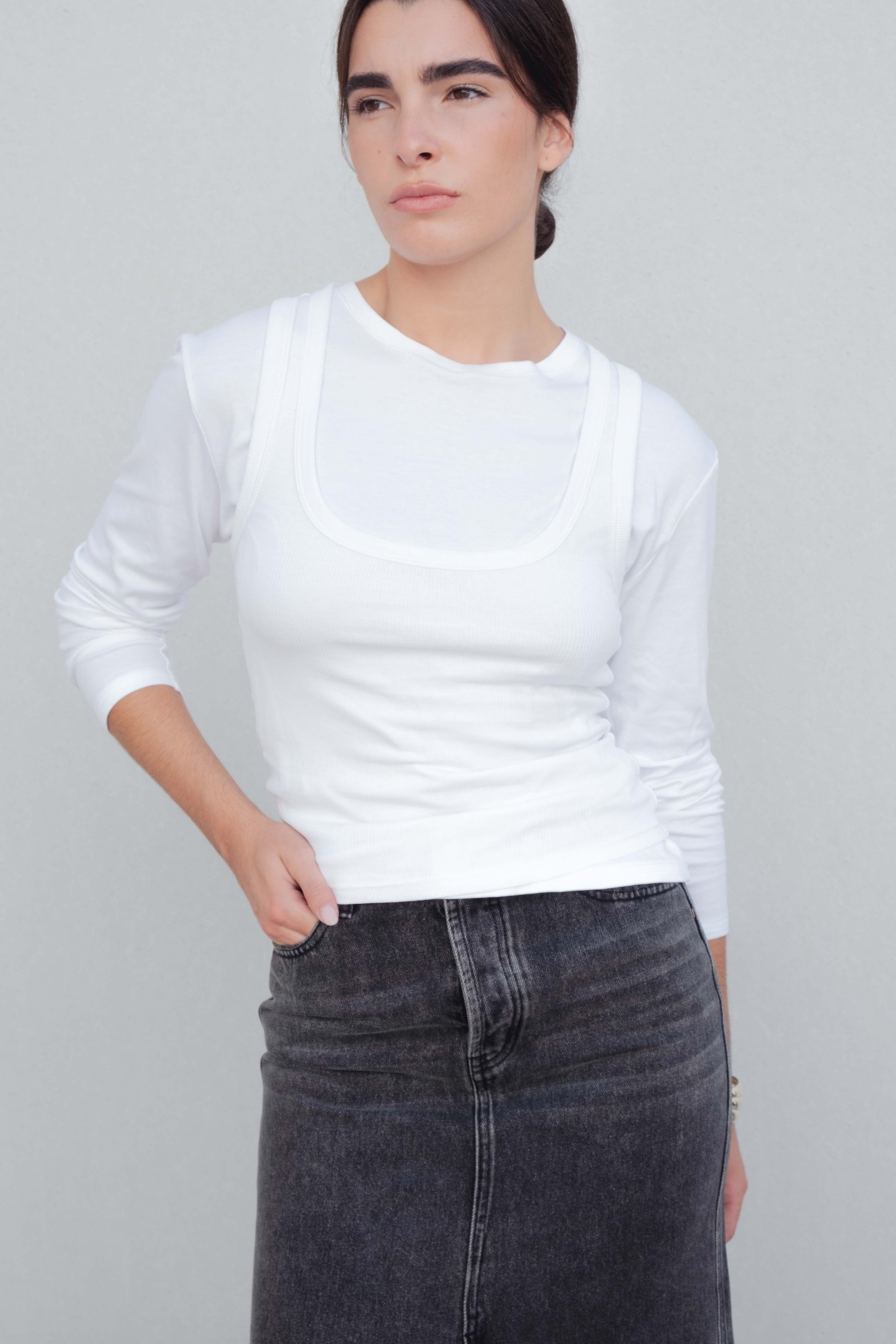 Falda midi denim vaquera algodón tiro alto abertura