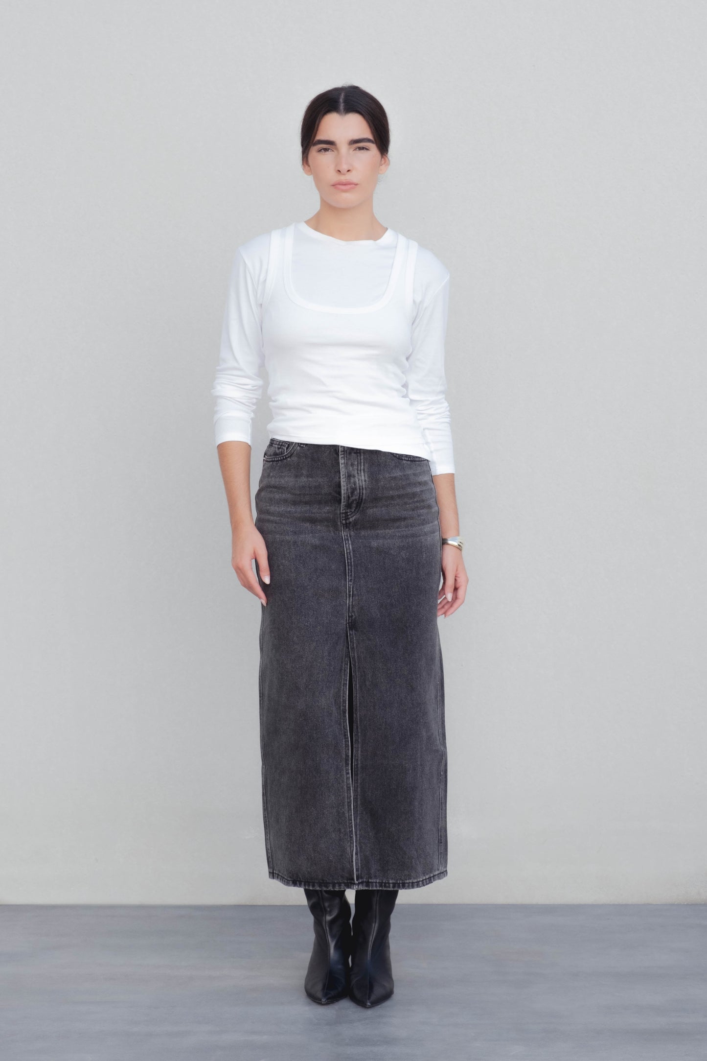 Falda midi denim vaquera algodón tiro alto abertura