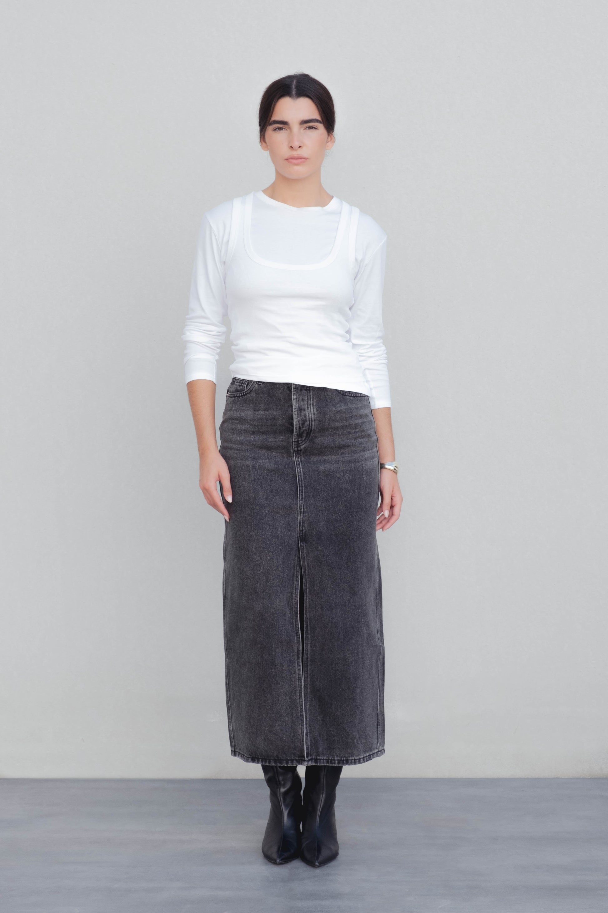 Falda midi denim vaquera algodón tiro alto abertura