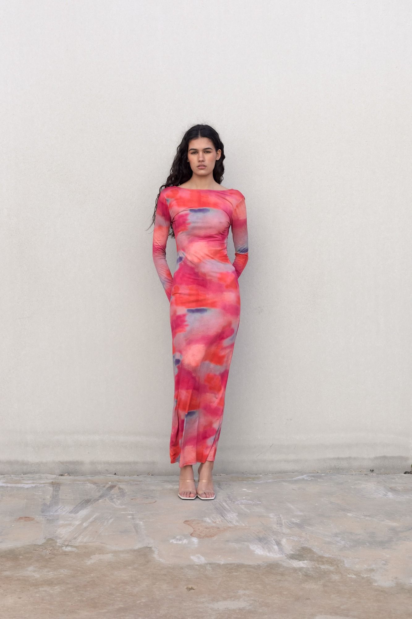 Vestido largo estampado floral rosa fluido mujer