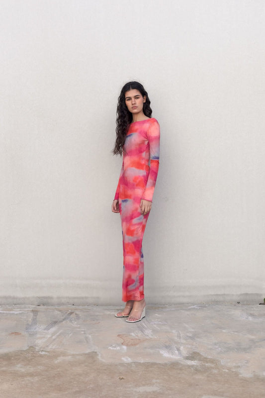 Vestido largo estampado floral rosa fluido mujer