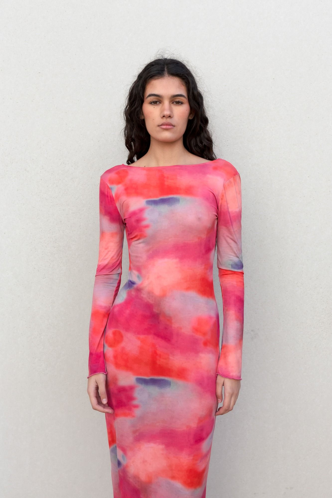 Vestido largo estampado floral rosa fluido mujer