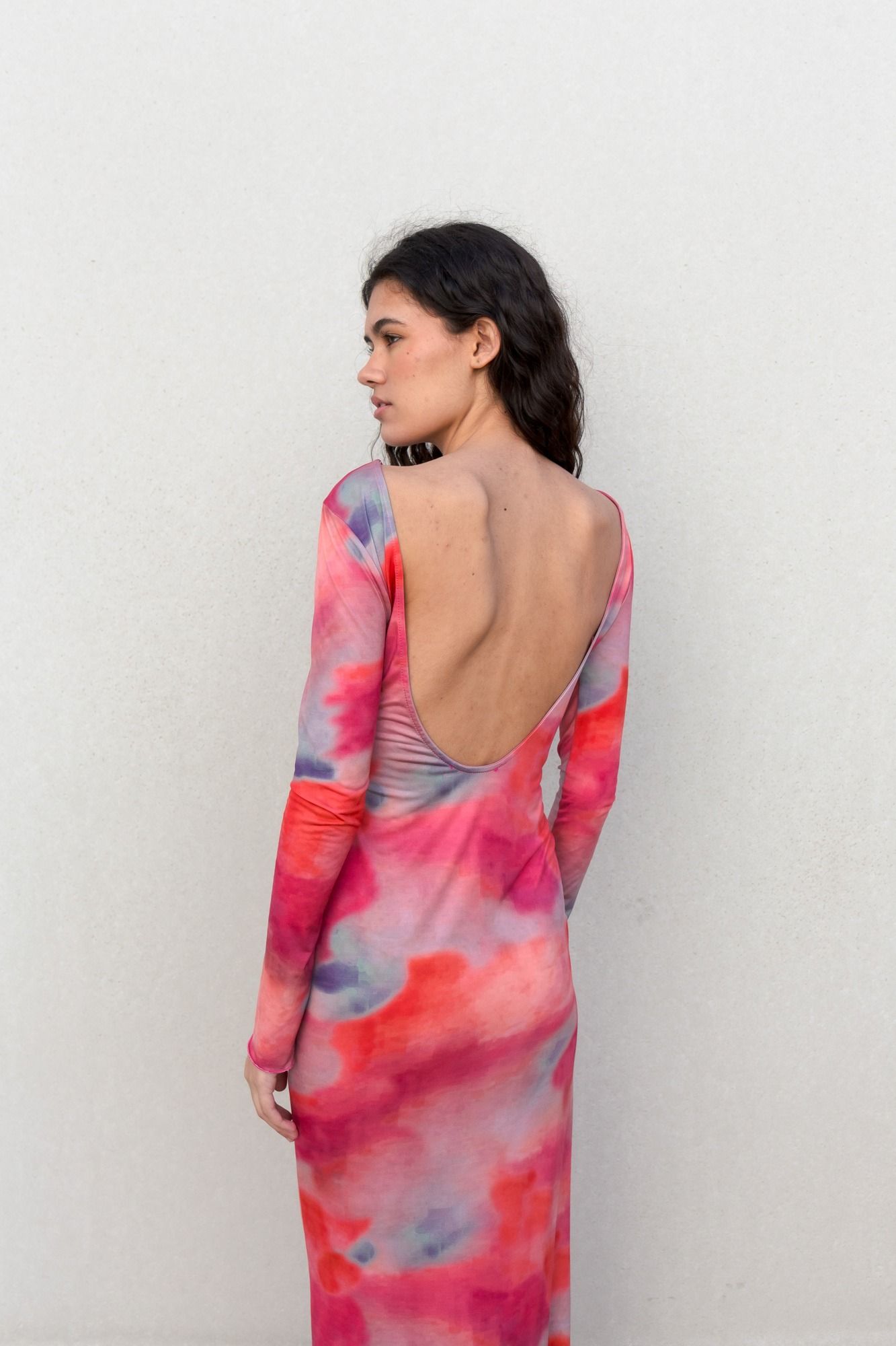 Vestido largo estampado floral rosa fluido mujer