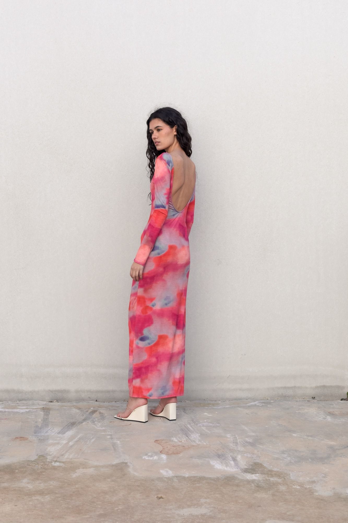 Vestido largo estampado floral rosa fluido mujer