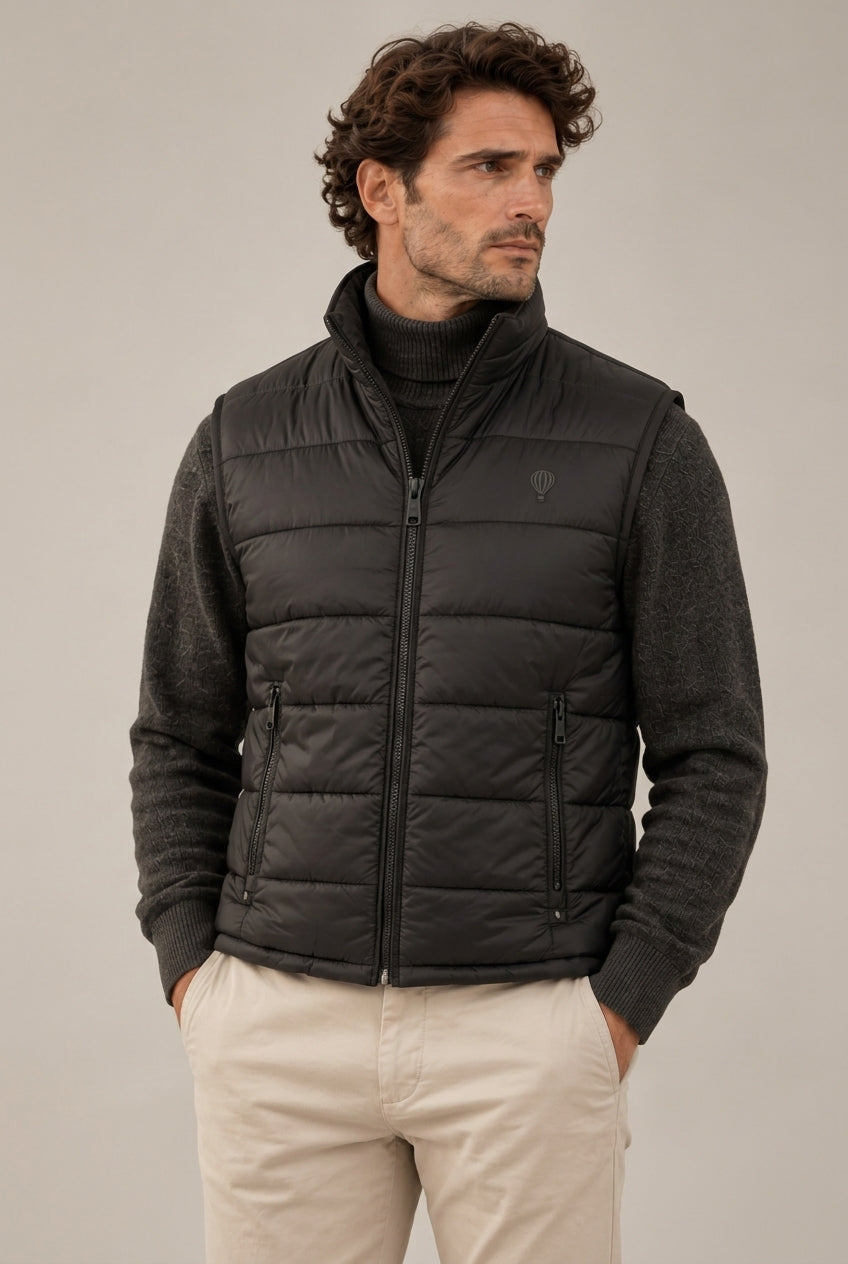 Chaleco Acolchado Negro con Cuello Alto para Hombre