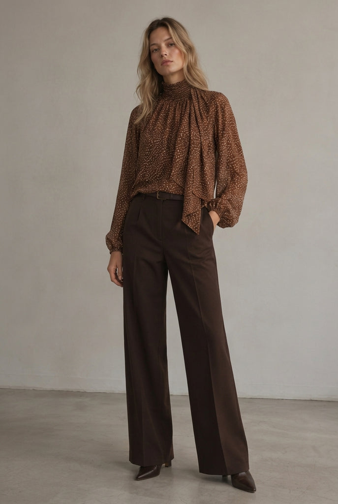 Blusa Elegante de Lunares con Cuello Subido Lazo Posterior y Manga Larga Elástica