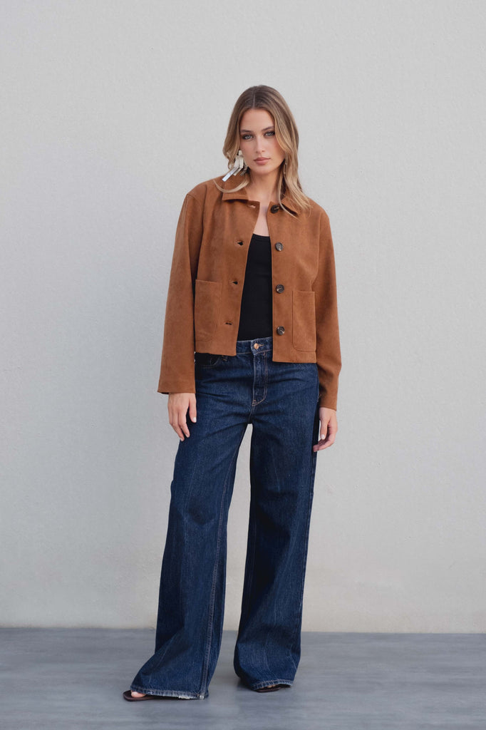 Chaqueta Corta de Escote Redondo con Efecto Ante