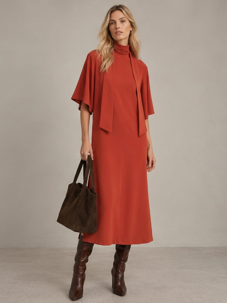 Vestido Midi Fluido de Cuello Alto Manga Capa con Aberturas y Cierre Posterior de Lazada