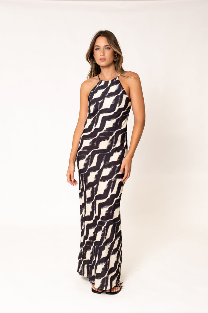 Vestido Midi Halter con Escote V y Estampado Geométrico