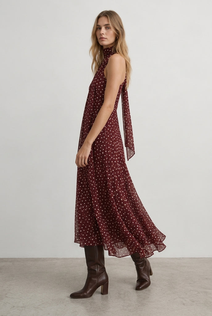 Vestido Corto Halter Estampado Lunares con Lazada Bajo Asimétrico y Forro Interior
